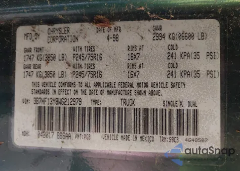 1998 Dodge Ram 1500 St z USA, uszkodzony, nr VIN 3B7HF13Y8WG212979